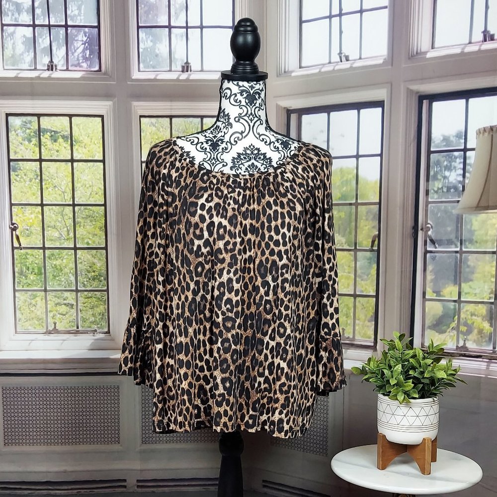 NWT MICHAEL KORS LEOPARD PRINT BELL SLEEVE PEASANT TOP (XL)
